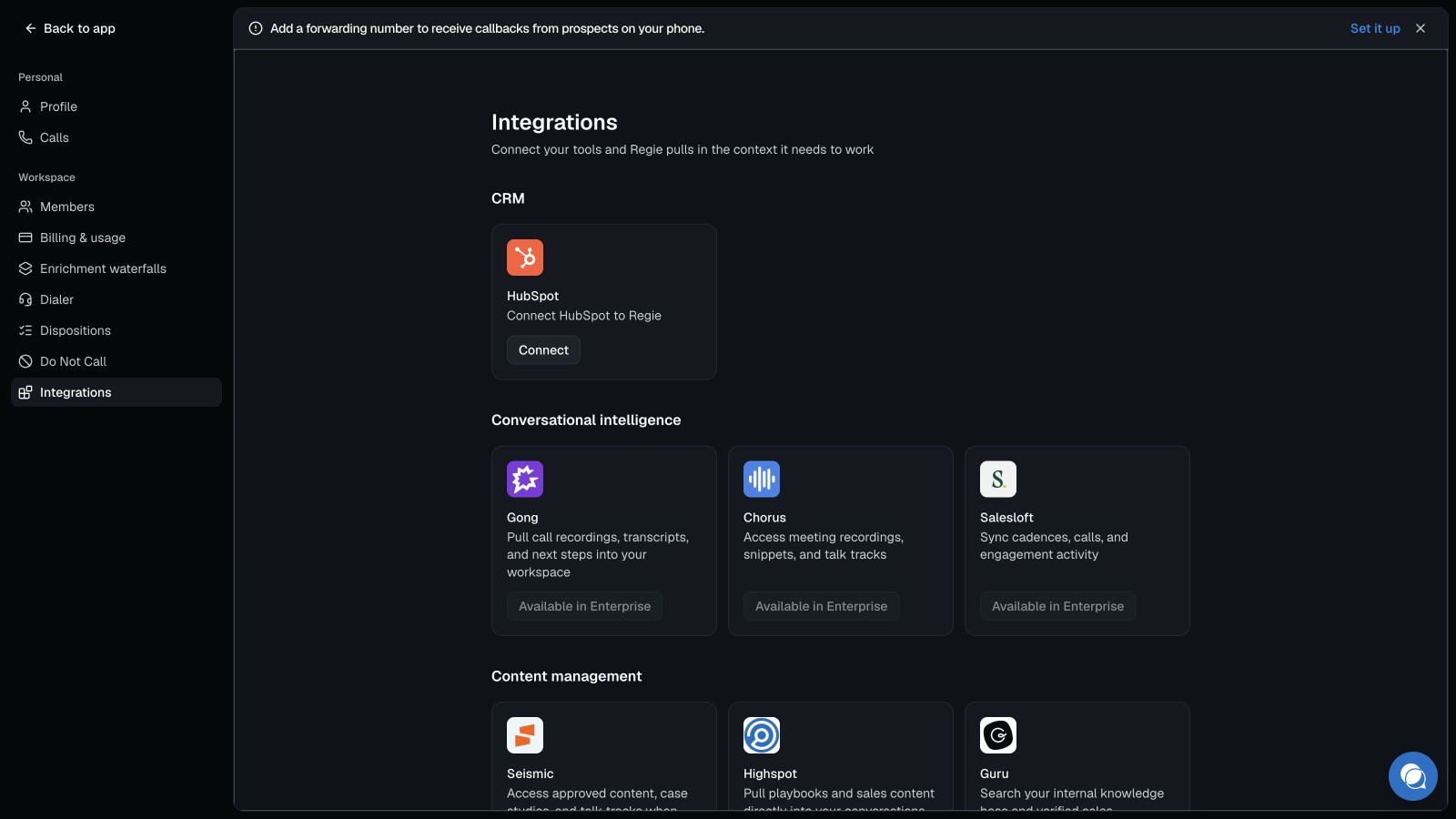 Regie Go Integrations page with a HubSpot connection card